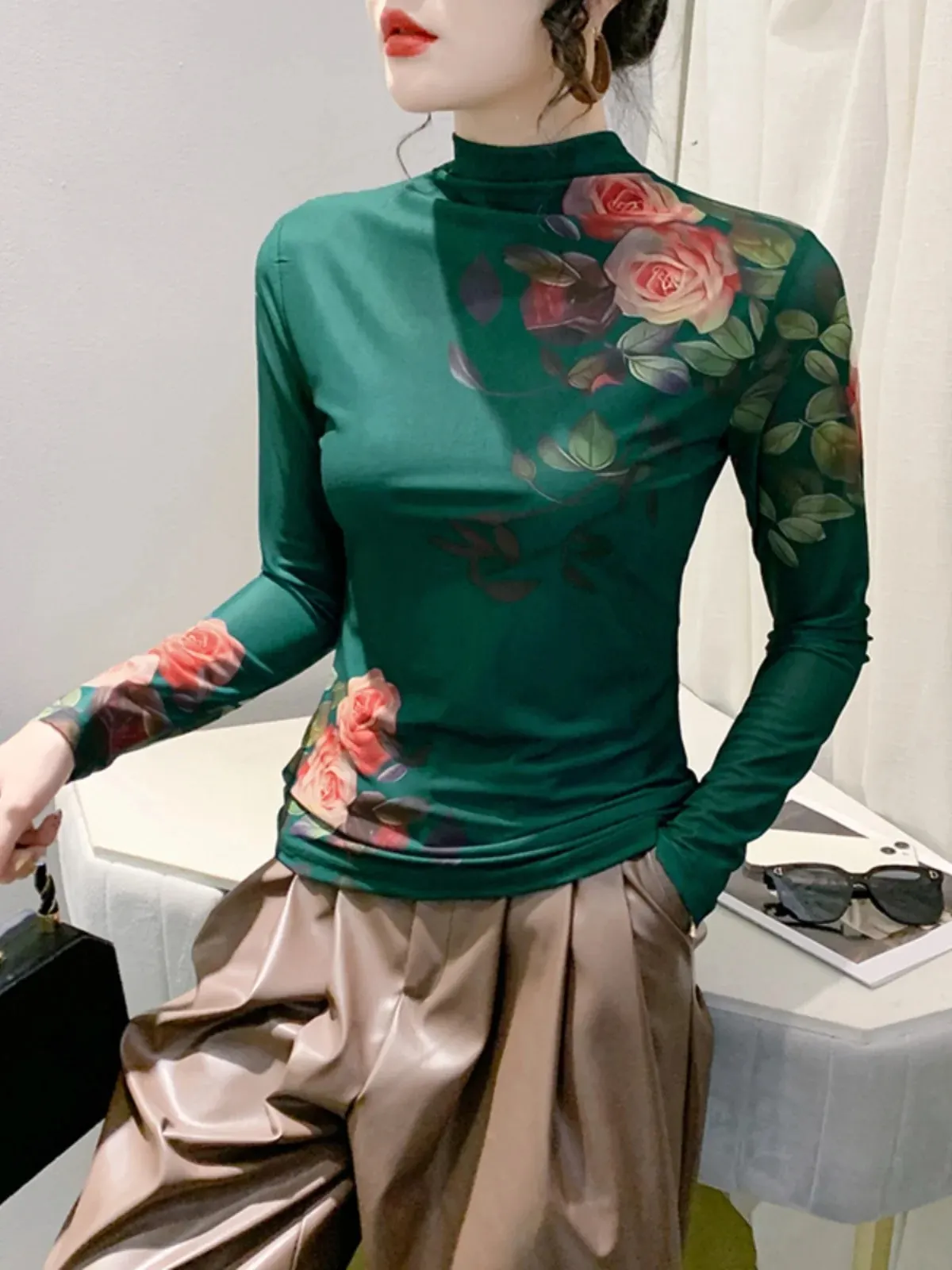 Maxct New High Neck Long Sleeve Mesh Positioning Printing T-shirt Women's Intimated Silk Light Fabric T Shirts Tops For Female