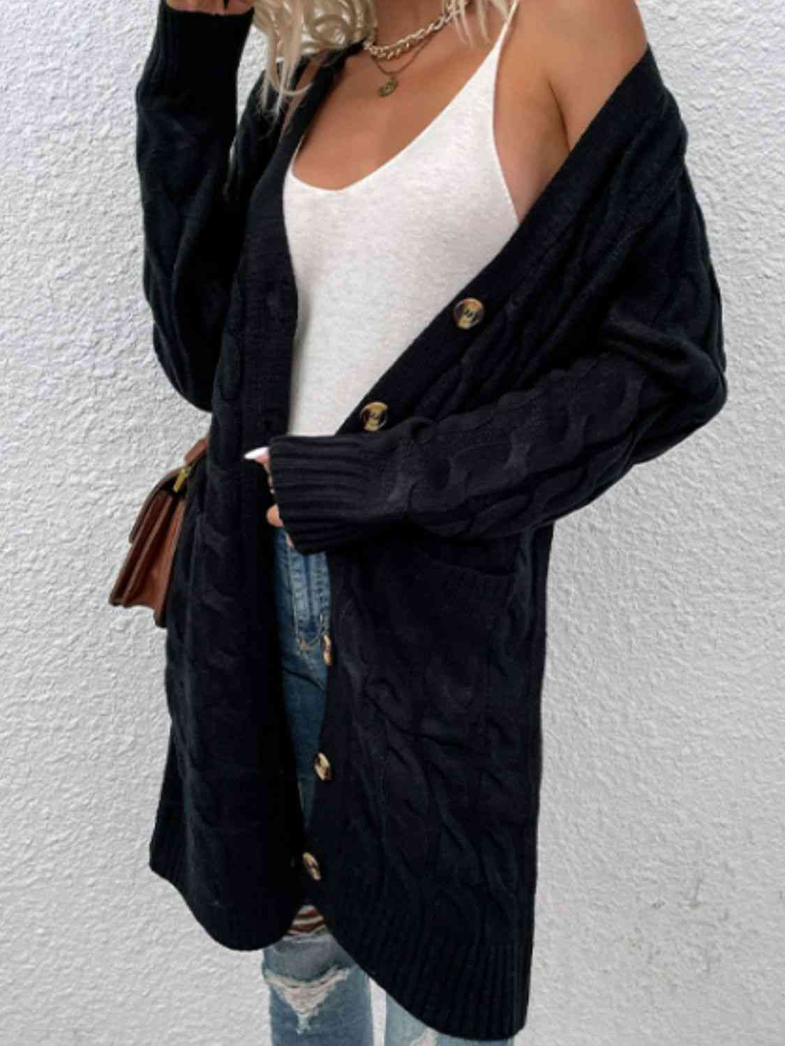 Maxct &Cable-Knit Button Down Cardigan with Pockets