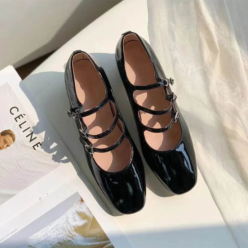 Handmade Mary Jane Shoes 40mm Triple-strap Pumps Block Heel Maxct