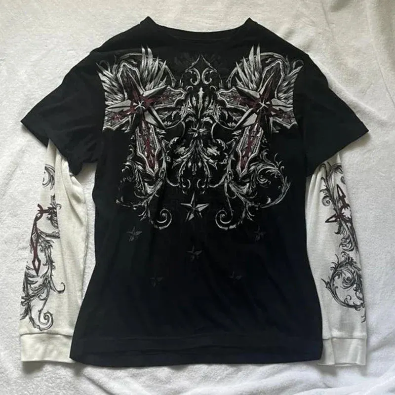 Maxct Vintage Graphic Print Patchwork Long Sleeve Tees Harajuku Fake Two-Piece T-Shirts Korean Gothic Grunge Loose Tops Streetwear