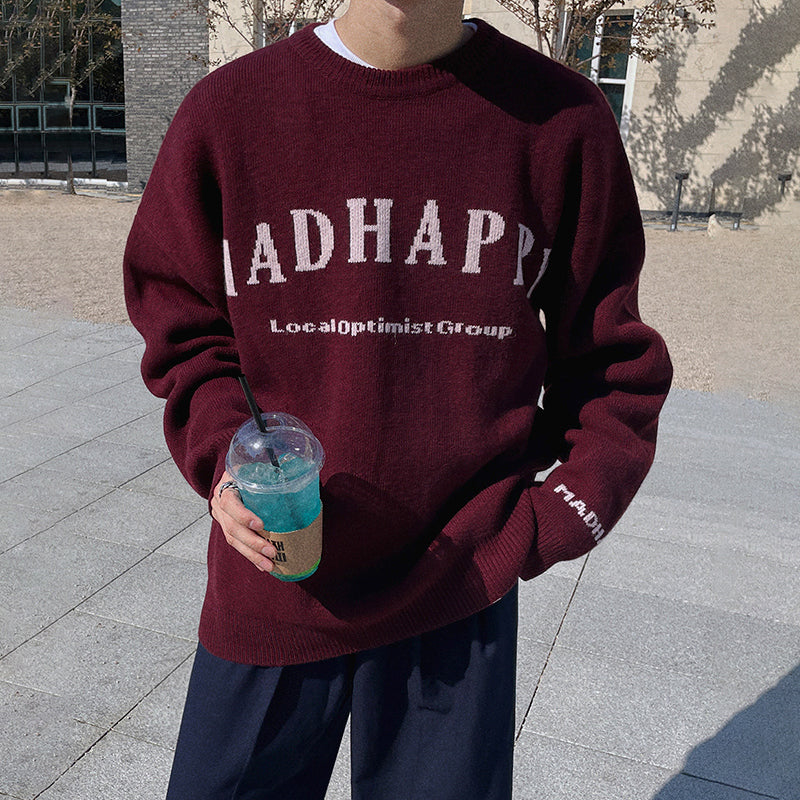 Maxct 5574 Claret Red Knitted Lettered Crewneck Sweater
