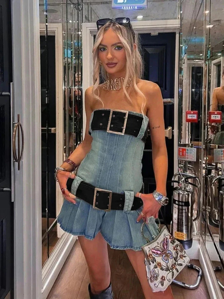 Vintage Y2k Strapless Denim Dress Bodycon Korean Kpop Belt Pleated Mini Dress 2000s Streetwear Maxct