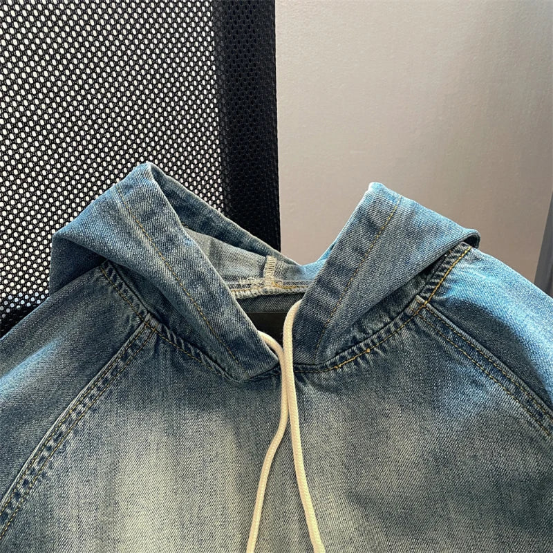 Big Pocket Raglan Sleeve Unisex Vintage Denim Hoodie Maxct
