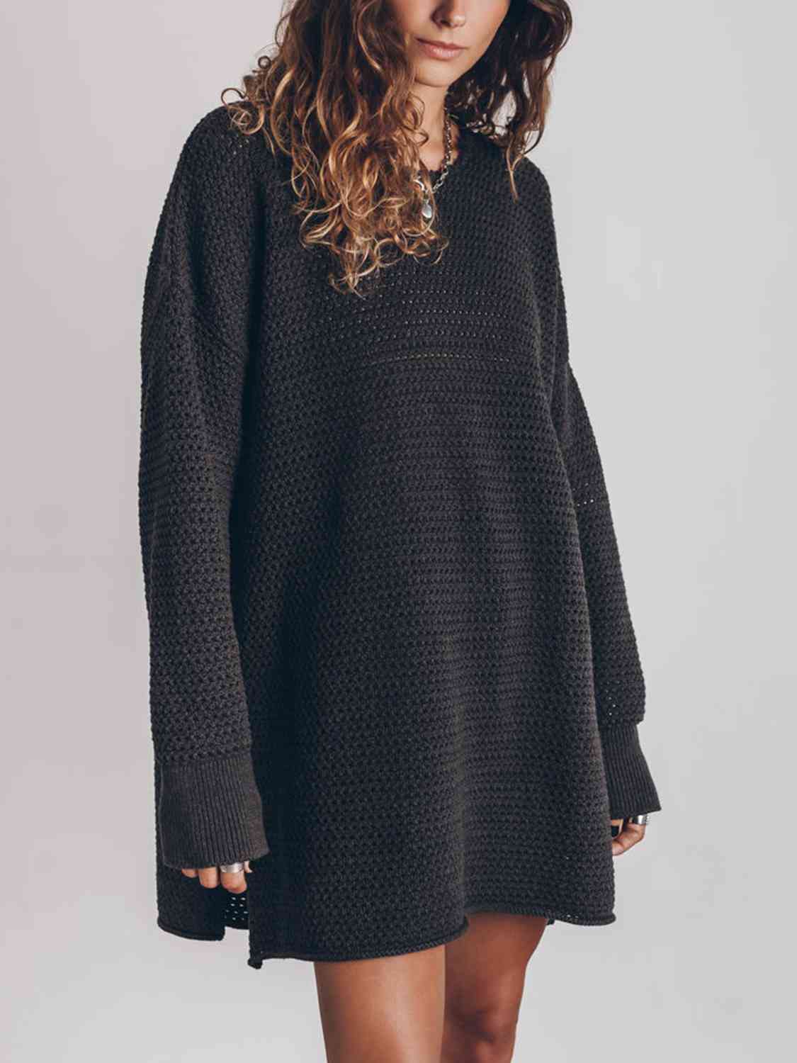 Maxct &Openwork Round Neck Long Sleeve Slit Sweater