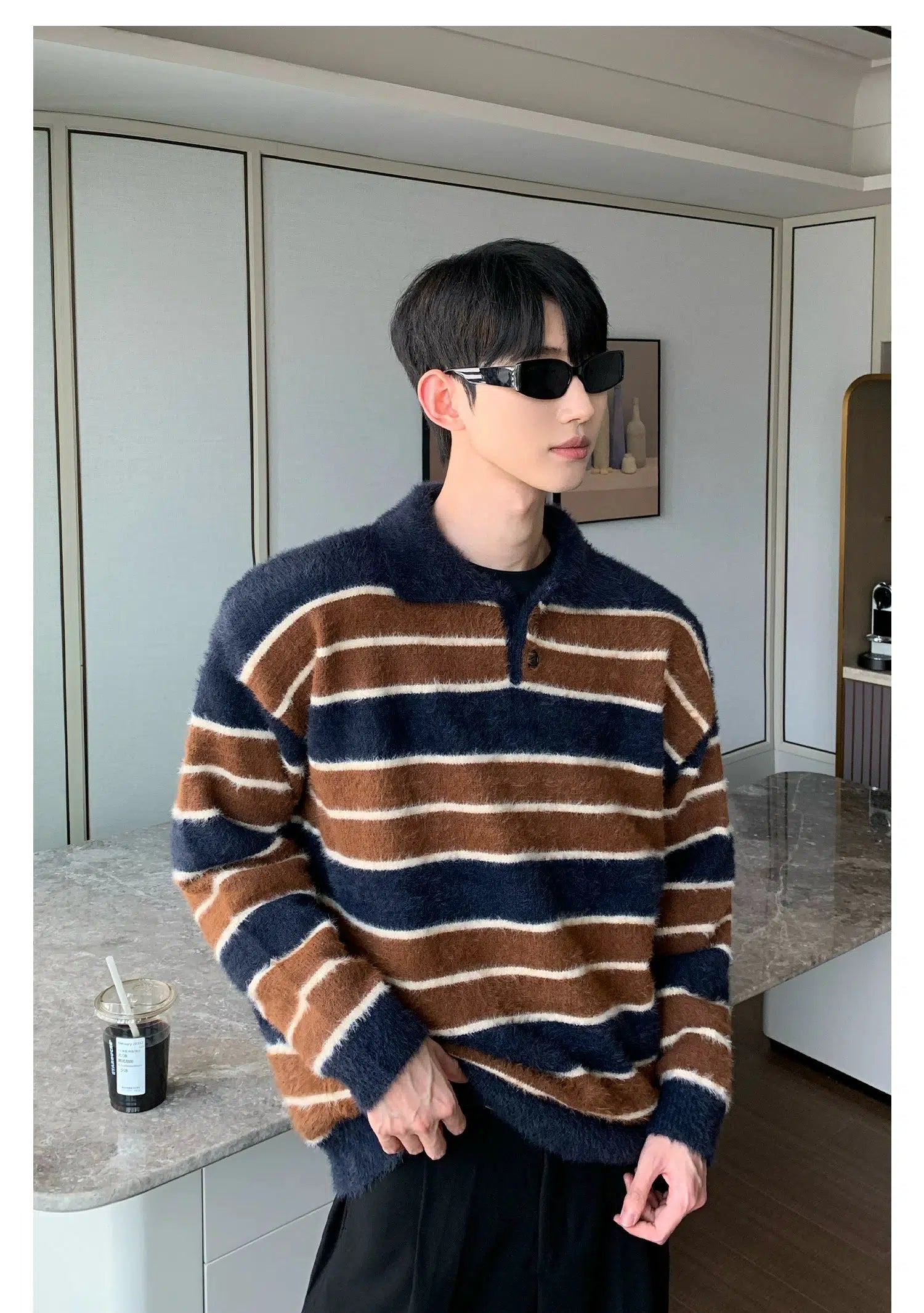 Maxct Faux Mink V-neck Striped Sweater