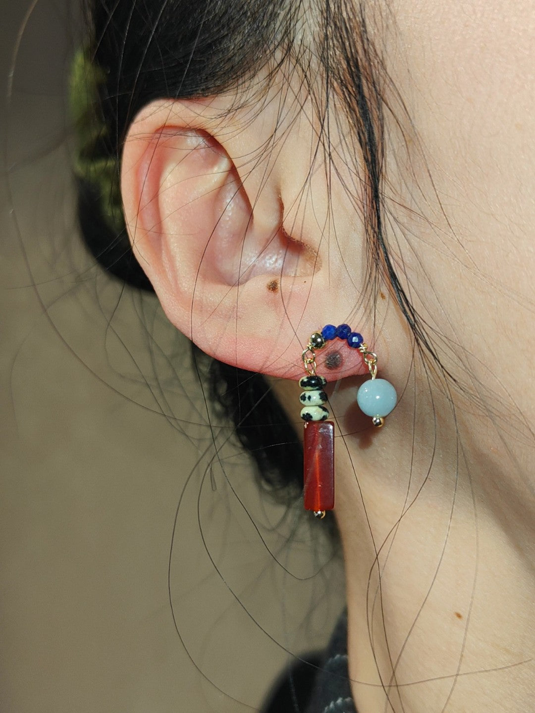 「Chinoiserie」Natural Jade Asymmetric Red Earrings