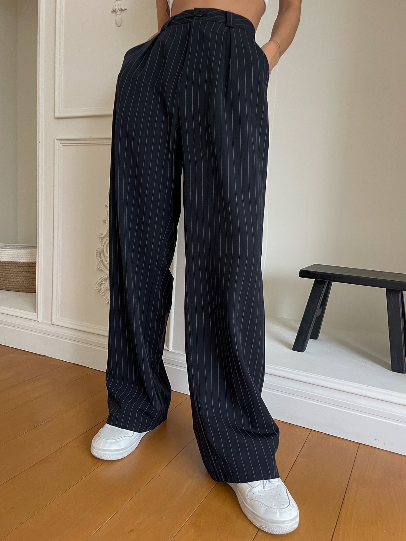 Maxct Pinstriped Print Wide Leg Suit Pants