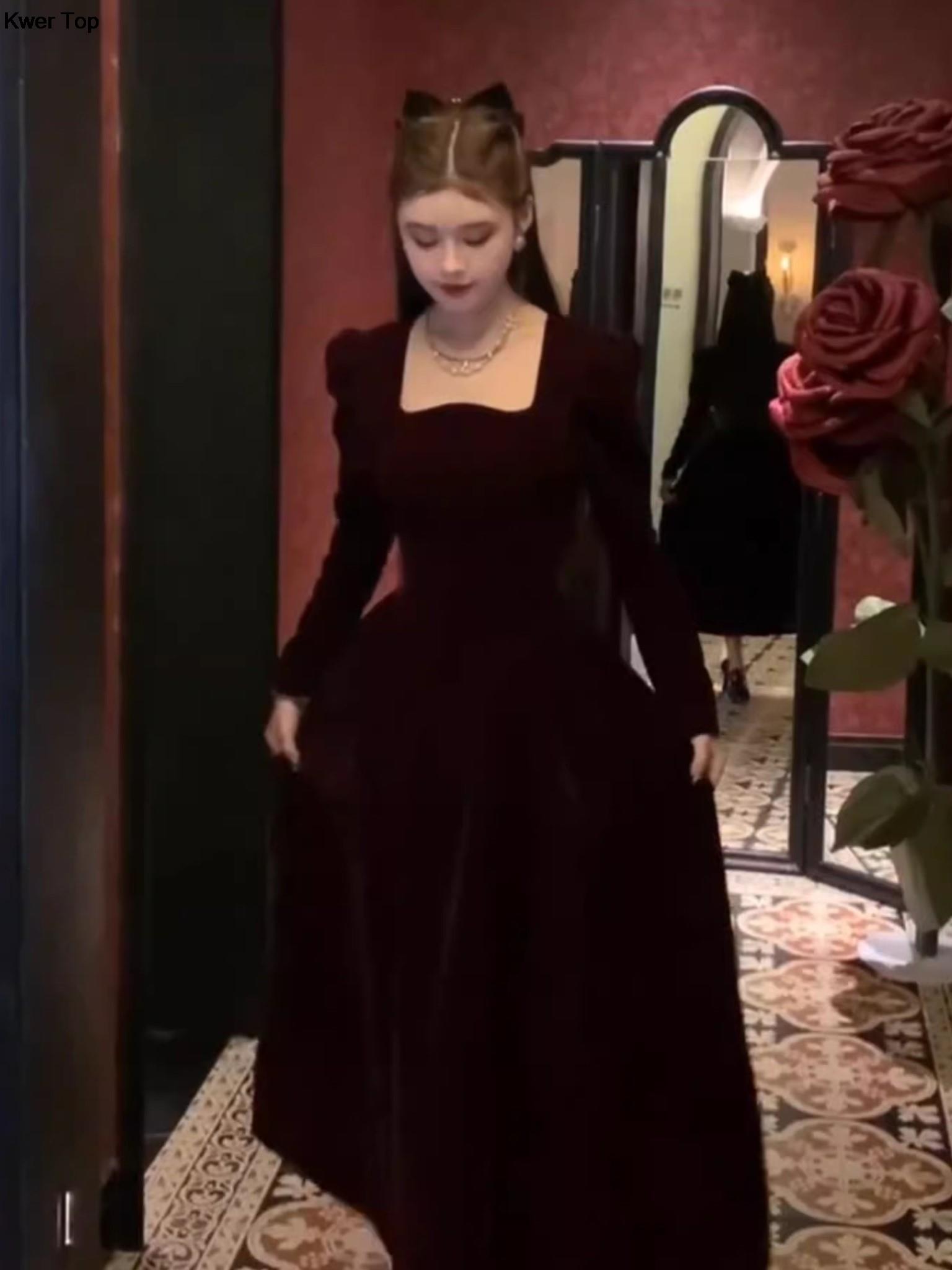 Maxct Winter Vintage Christmas Red Velvet Dress French Elegant Square Collar Evening Party Prom Vestidos Women Clothes