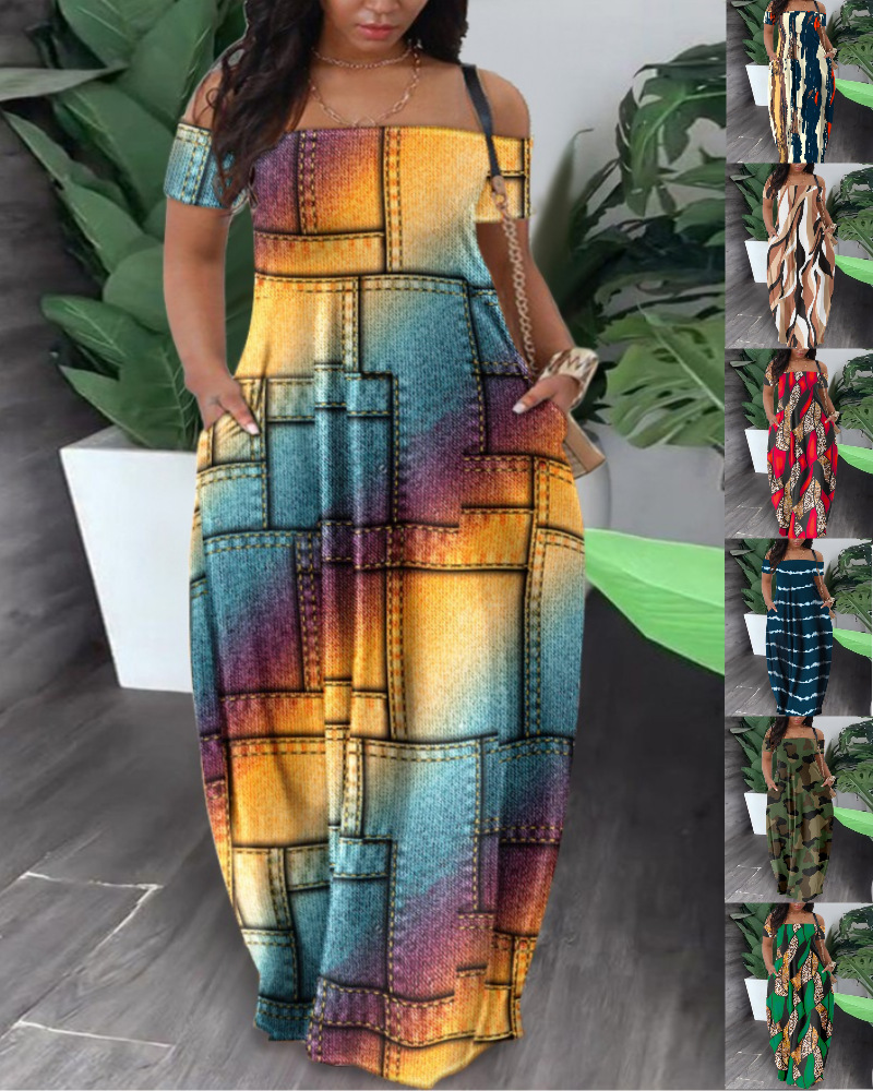 Maxct Summer New Women's Fashion Leisure Sexy Print Bare Shoulder Dress