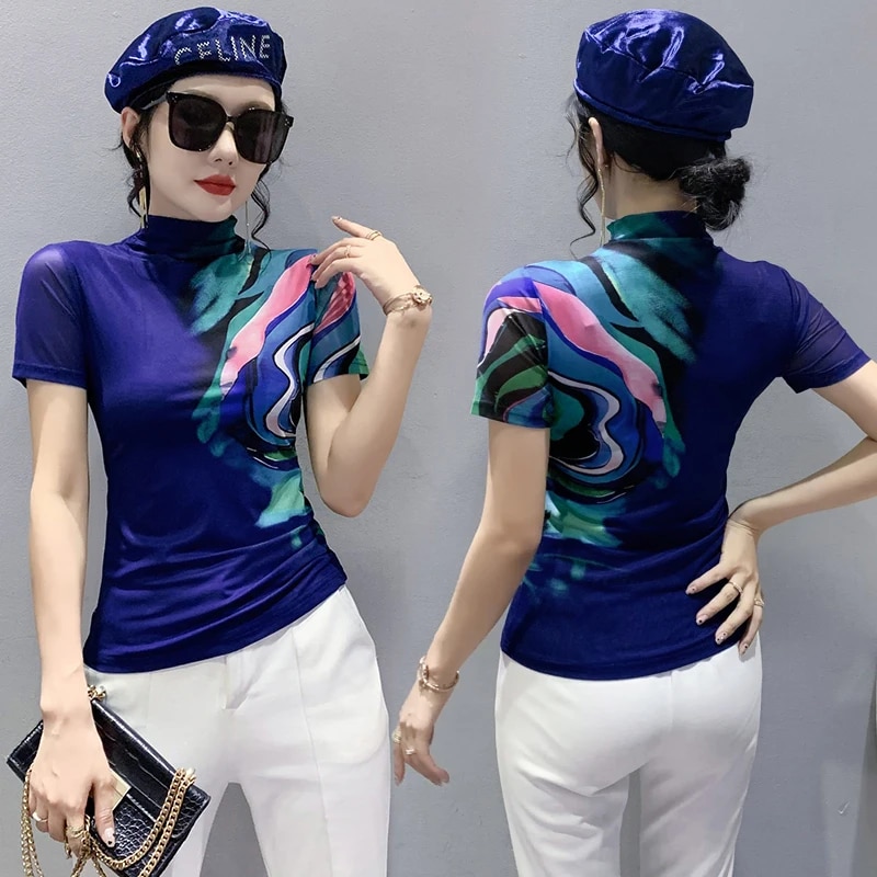 Maxct Summer Women Half Turtleneck Short Sleeve T Shirts Lady Elastic Tops Tees Female Basic Fashion Printing Mesh T-Shirt
