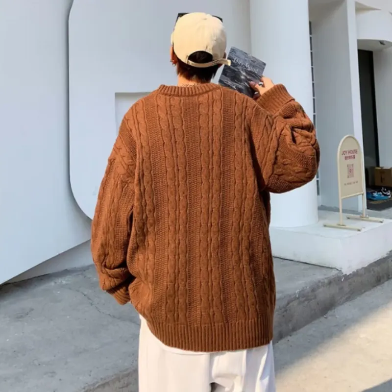 Pullover sweater men autumn winter pure color simple retro crewneck sweater lazy wind twist thread coat