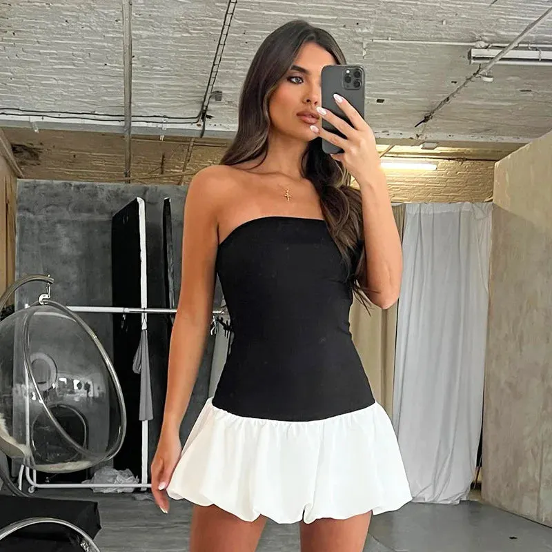 Contrast Color Mini Folds Dress For Strapless Slim Sleeveless Ruched Splice Y2K Beach FeClub Party Dress Maxct