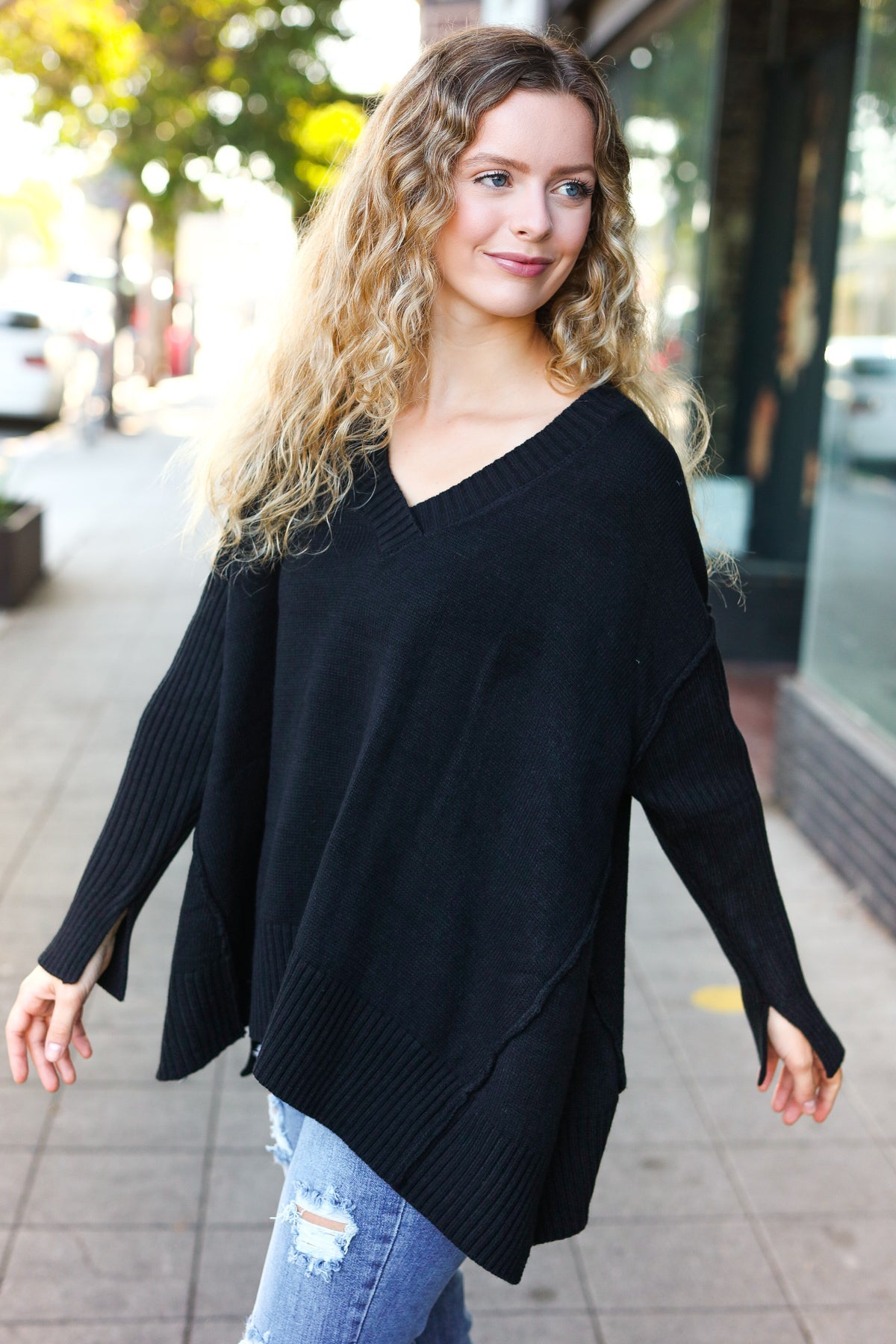 Maxct &Casual Chic Black Oversized V Neck Rib Knit Sweater