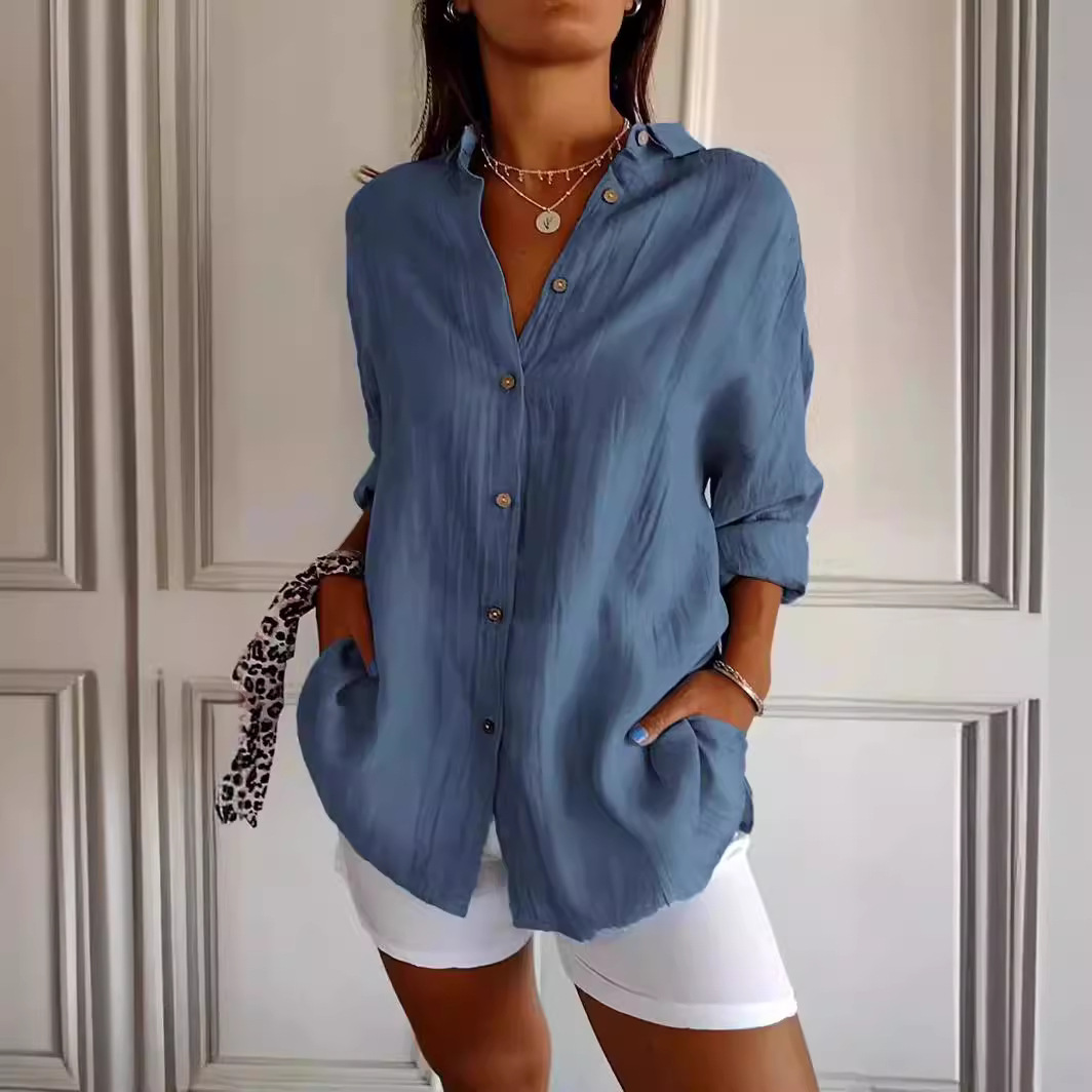 Maxct fashion outfits 2024 Single-Breasted Pleated Lapel Shirt Women's Solid Color Sleeve Top