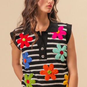 Maxct &BiBi Flower Patch Striped Half Button Sweater Vest