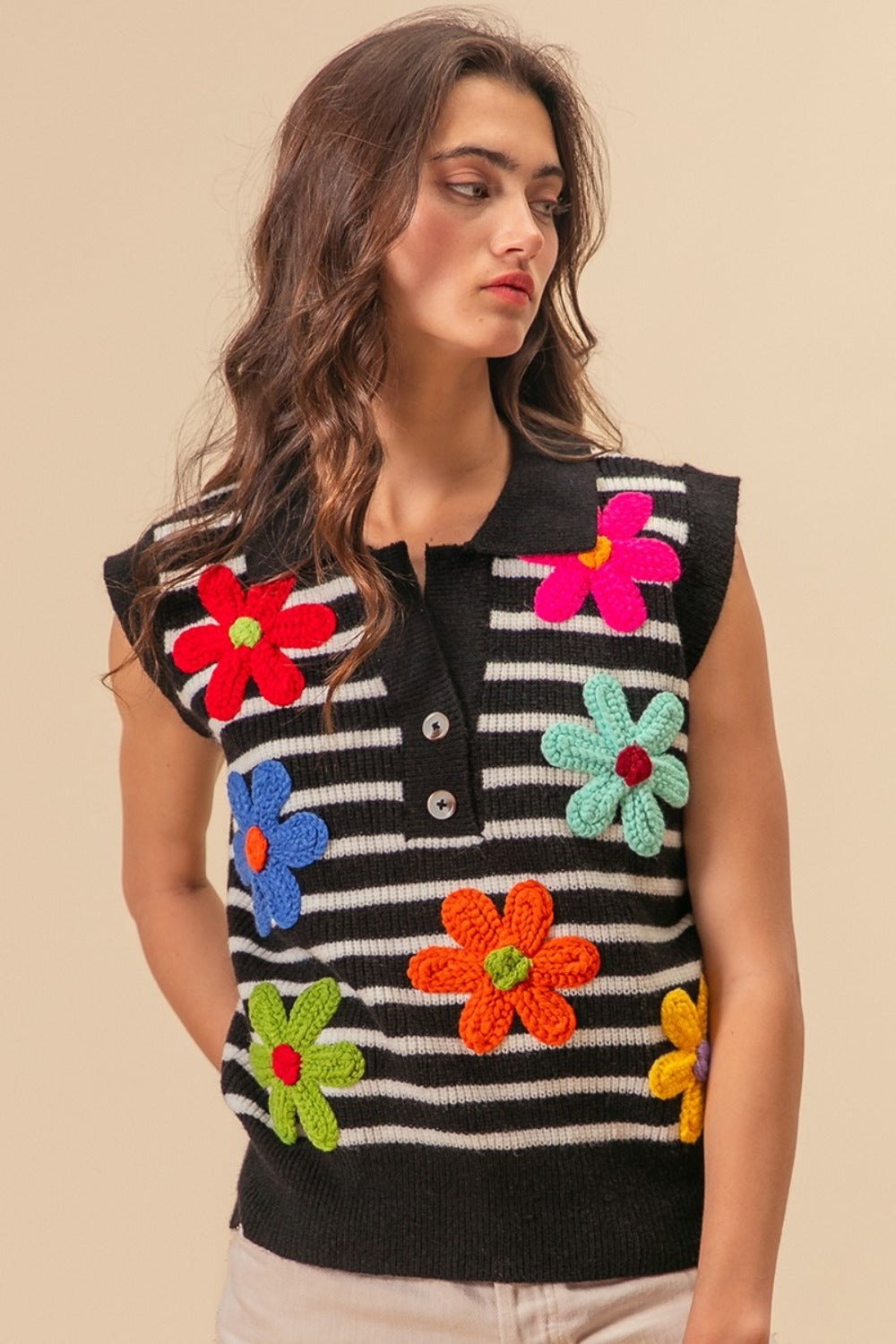 Maxct &BiBi Flower Patch Striped Half Button Sweater Vest