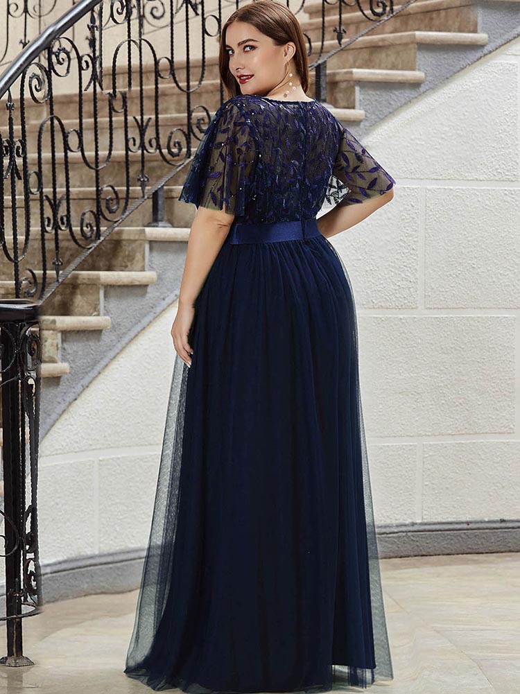 Leaf Sequin Bodice Mesh Party Dress Maxct