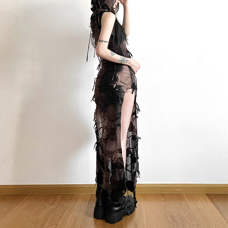 Grunge Dress y2k Tie Dye Print Sleeveless Side Split Hooded Dress Gothic Party Dresses Halloween Costume