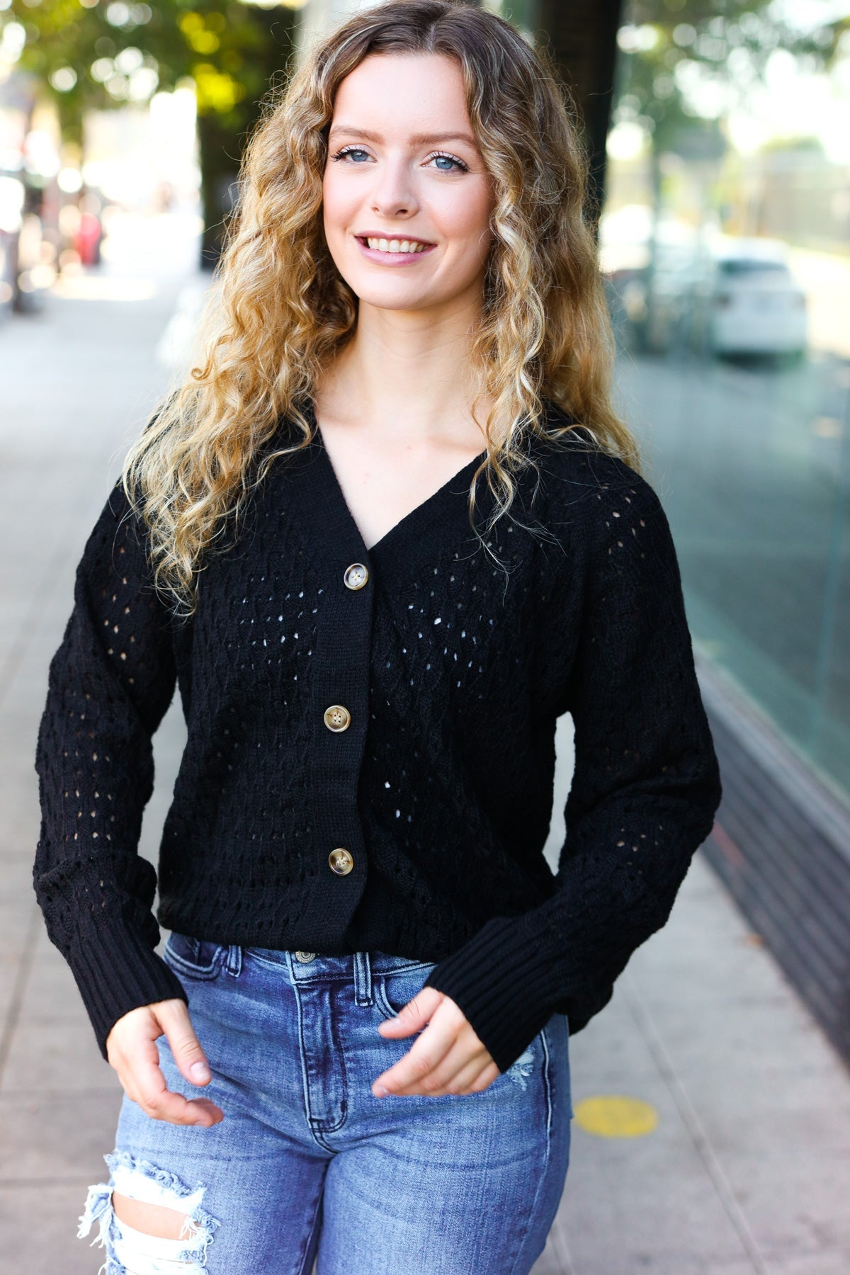 Maxct &Follow Me Black Pointelle Knit Button Down Cardigan