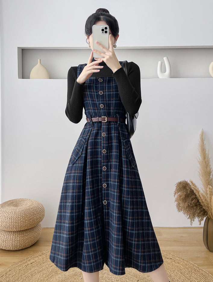 Button Up Plaid Pinafore Dress Maxct