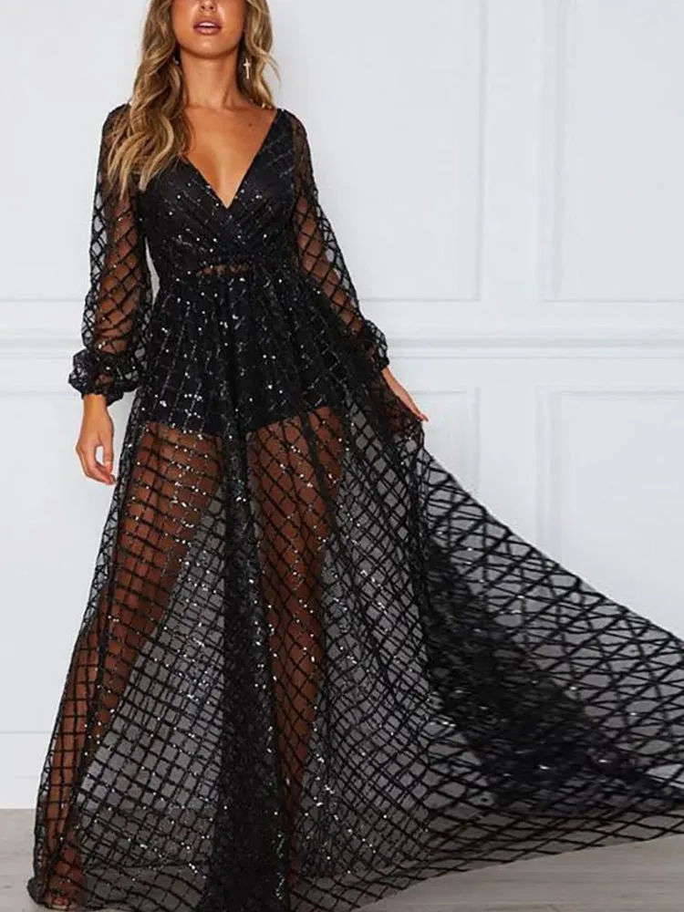 Sequins Mesh V Neck Maxi Dress Maxct