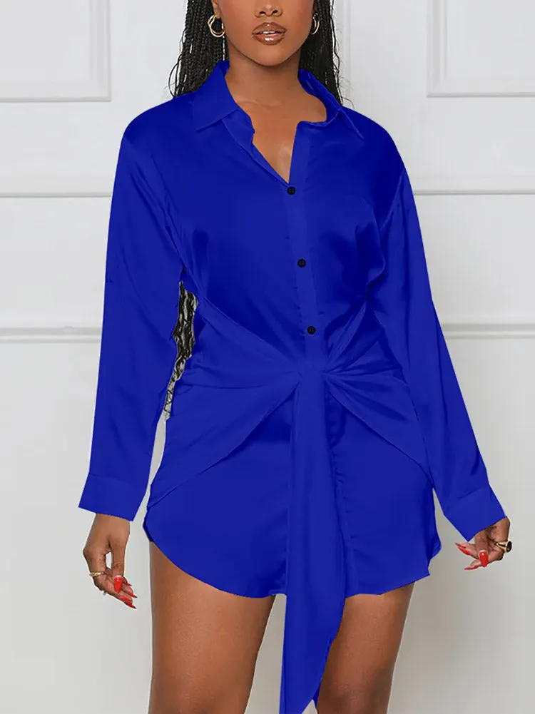 Satin Tie Waist Shirts Dress Maxct