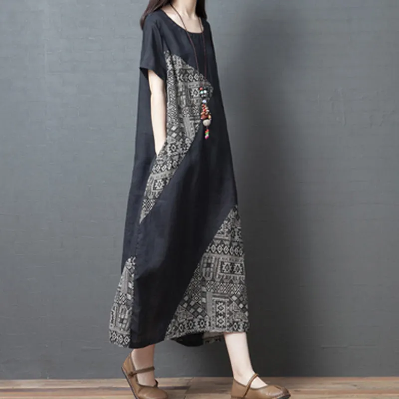 Spring Cotton Linen Loose Color Block A-Line Dress