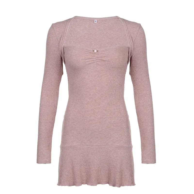 Cute Coquette Pink A-line Mini Dress Fairycore Sweet Full Sleeve Square Collar Short Dresses for y2k