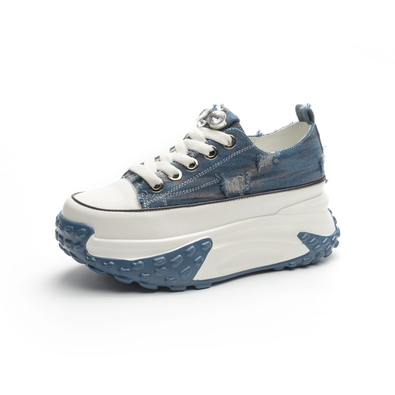 Blinged Out: 6cm Denim Leather Chunky Platform Sneakers - true deals club