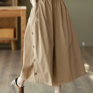 Loose Wide-Leg Side Buttons Cotton Linen Casual Pants for Women