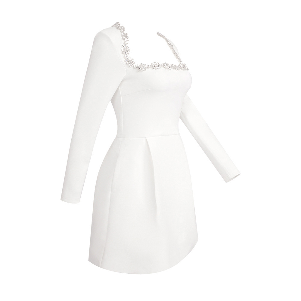 2024 New Women's White French Square Collar Diamond Long Sleeve Bandage Dress Summer High-end Sense