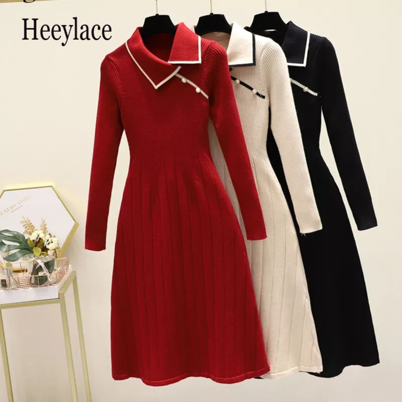 Maxct Winter New Knitted Bottoming Dress for Women High-end Temperament Lapel Long Sleeve Button Deco A-line Sweater Long Dress