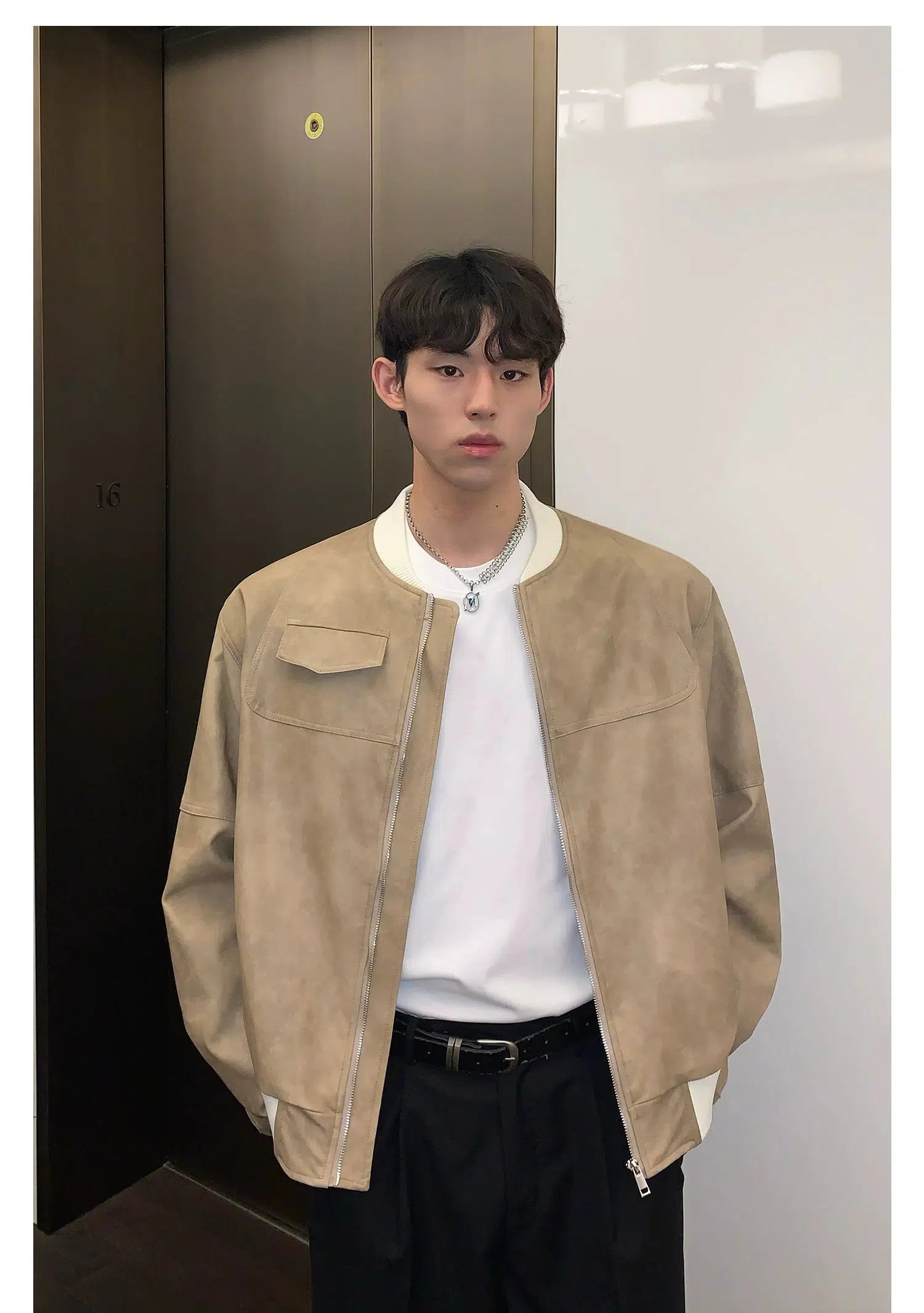 Maxct Round Neck PU Leather Jacket