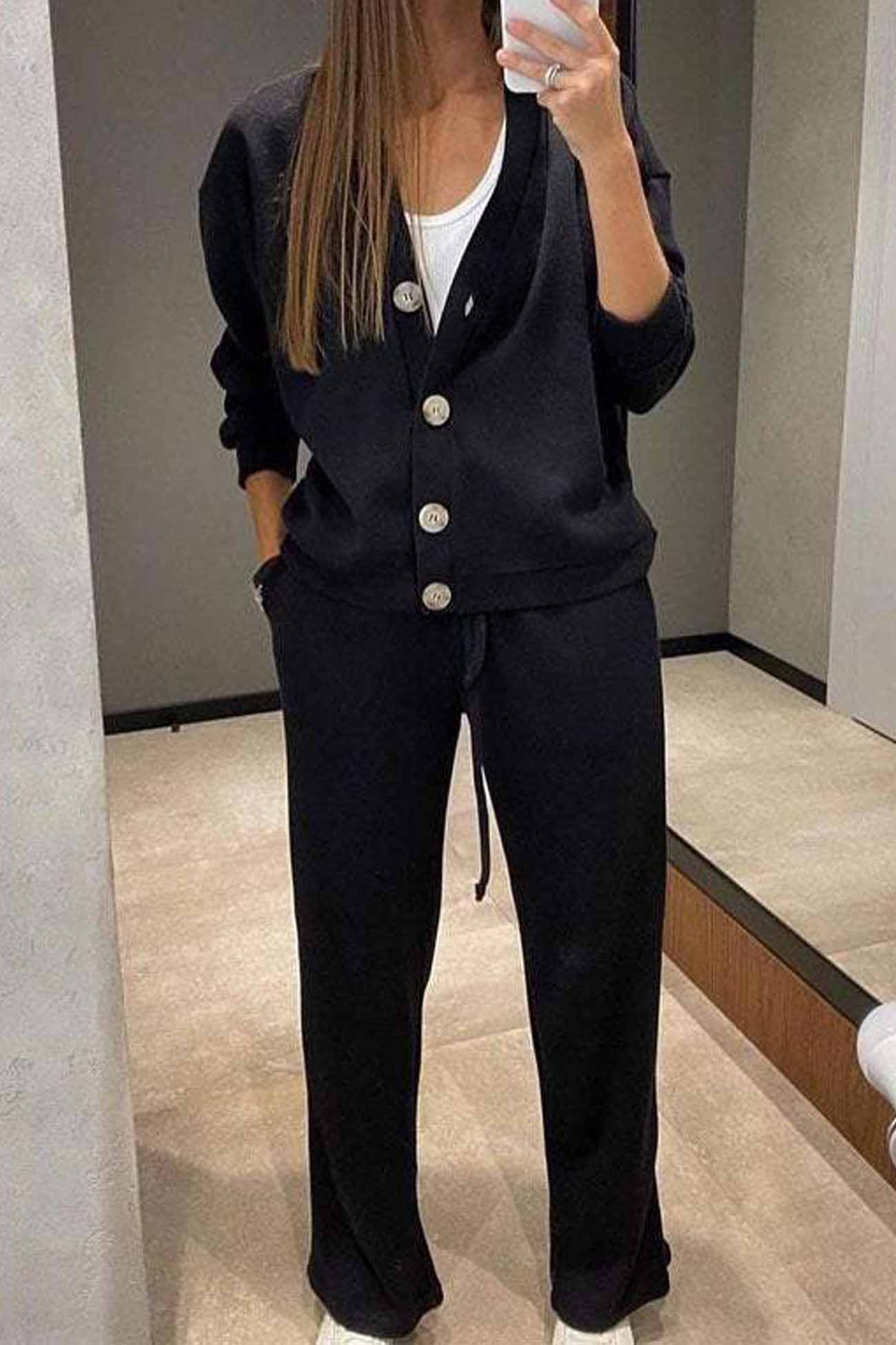 Maxct Solid Color Button Down Cardigan Long Pants Set