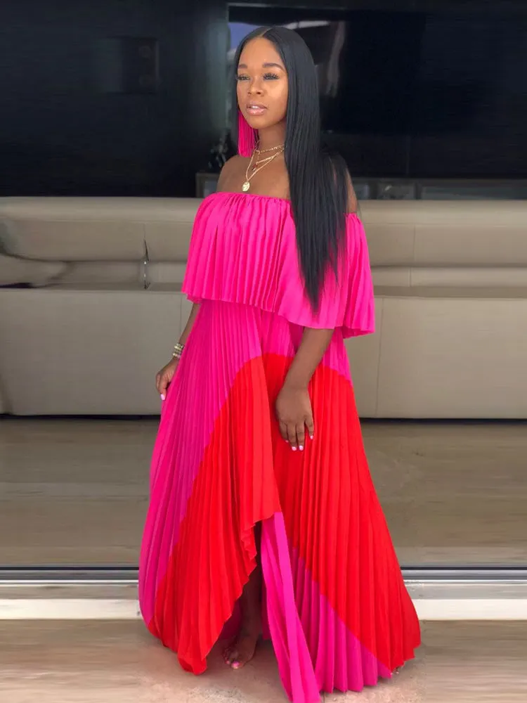 Off Shoulder Ombre Pleated Maxi Dress Maxct