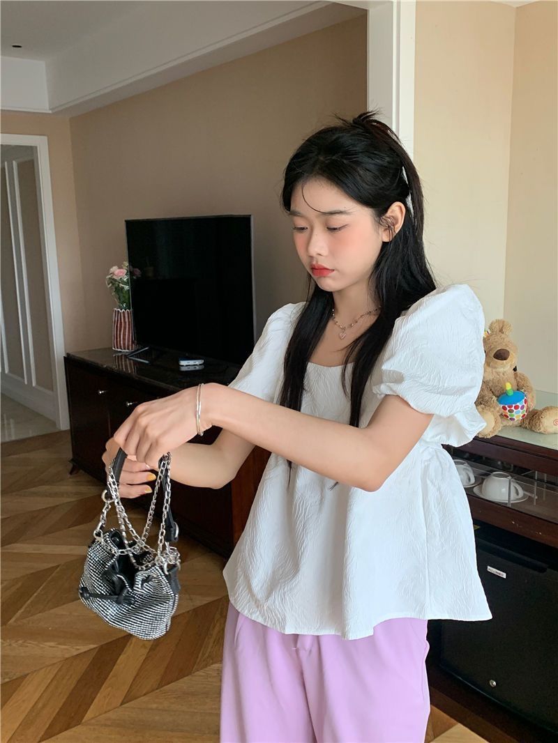 Blouses Women Square Collar Sweet Loose French Style Puff Sleeve Chic Ruffles Simple Ulzzang Solid Fashion Temper Student Summer
