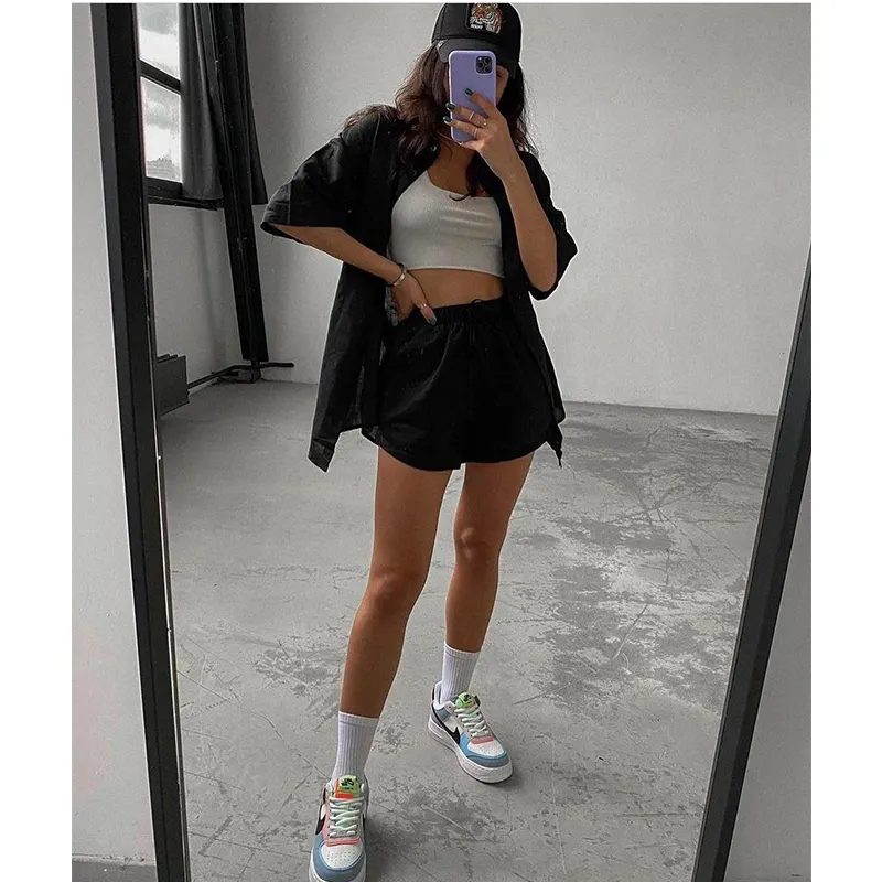 Maxct Casual Tracksuit Women's Shorts Suits Green Streetwear Short Sleeve Shirt Tops Loose Drawstring Mini Shorts Two Piece Set