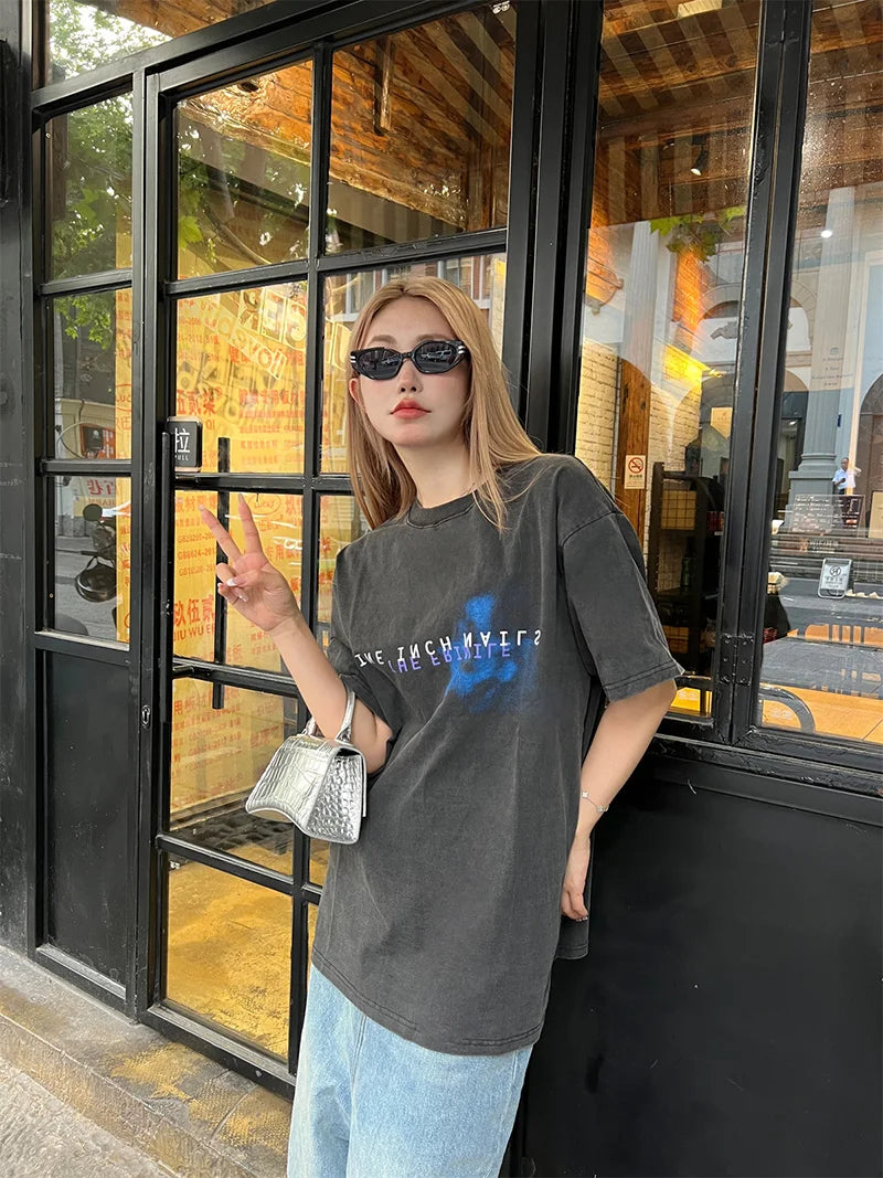 Maxct 90s Streetwear VTG NIN Nine-inch Nail Retro Print Oversized Cotton T-shirt High Quality Loose Casual Men Women 1:1 Vintage T Shirt Summer Sale