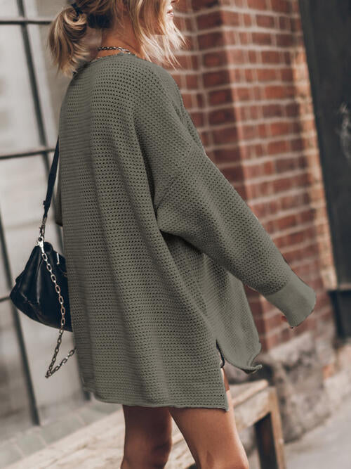 Maxct &Openwork Round Neck Long Sleeve Slit Sweater