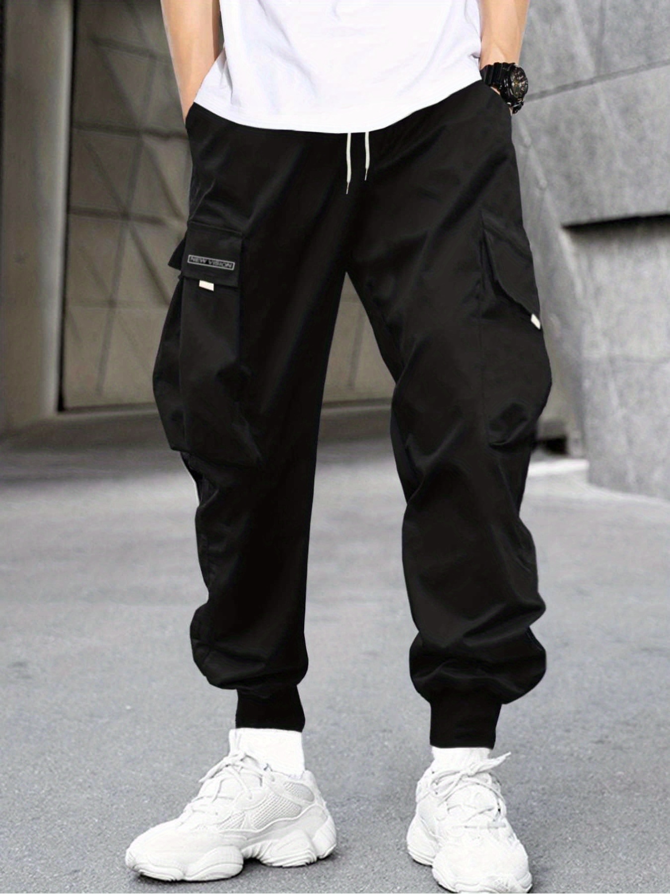 Men's Stylish Letter Graphic Cargo Pants with Flap Pockets - Drawstring Waist for Comfort