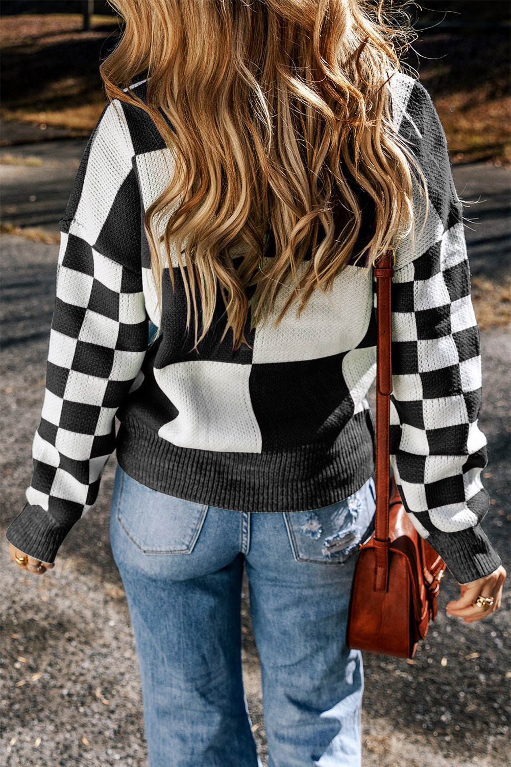Maxct &Checkered Round Neck Drop Shoulder Sweater