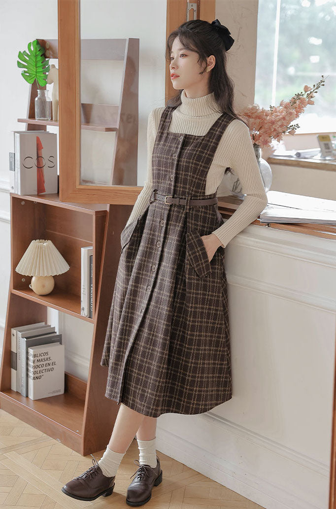Button Up Plaid Pinafore Dress Maxct