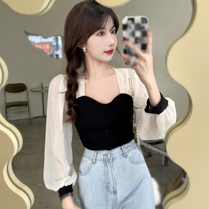 Maxct Autumn T Shirt for Women Square Neck Puff Sleeves Long Sleeves Blouse Chic Casual Tops