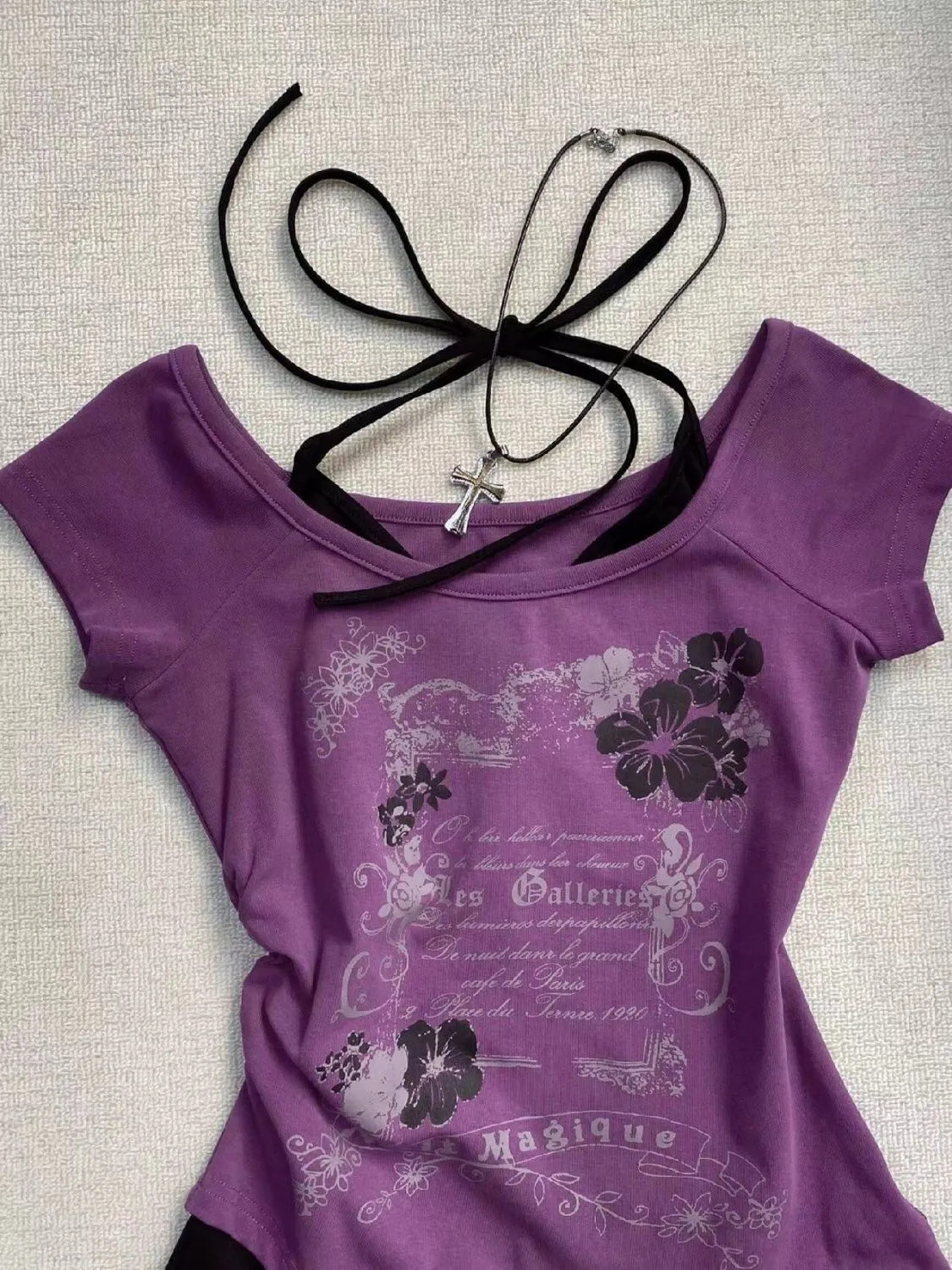 Retro Purple Halter Fake Two Piece Printed T-Shirt Women Y2K Streetwear Hot Girl Slim Fit Millennium Harajuku Fashion Casual Top