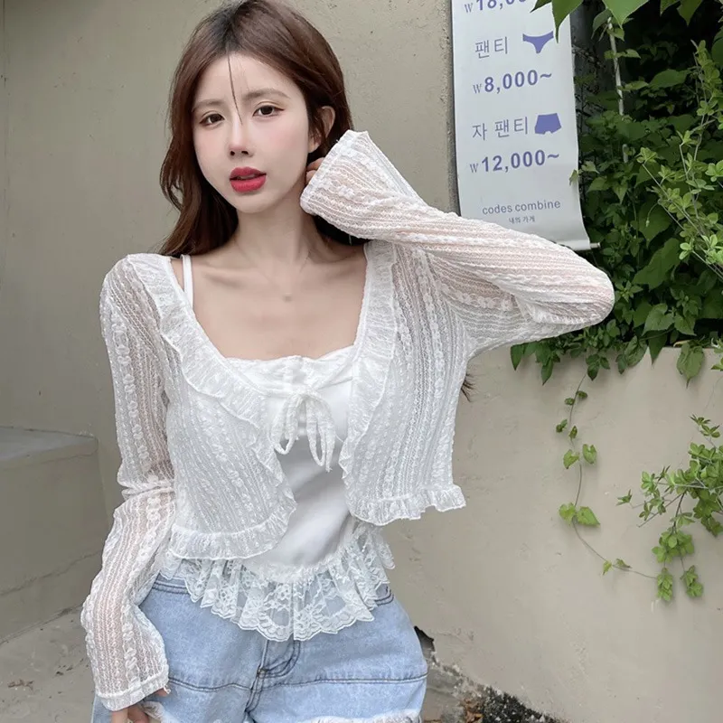 Maxct Thin Ruffles Tops Women Sunscreen Blouses Vintage Breathable Cropped All-match Basic Slim Tender Retro
