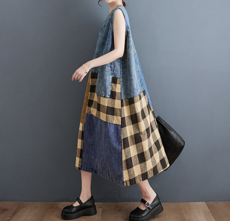 Retro Plaid Patchwork V-Neck Sleeveless Denim Midi Dress