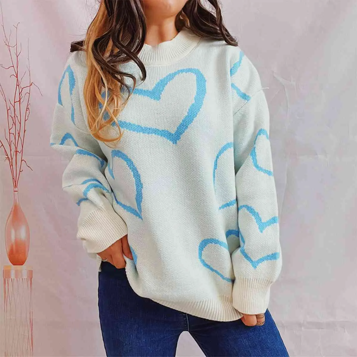 Maxct &Heart Pattern Long Sleeve Sweater