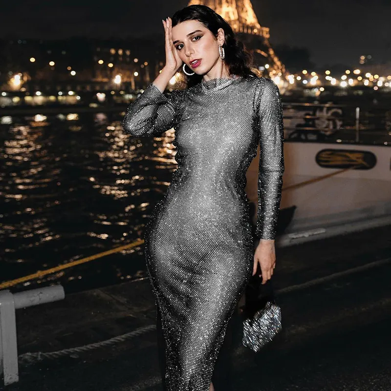 Sexy See Through Sheer Mesh Dress Elegant Solid Color Diamonds Slit Long Sleeves Dresses Party Club Lady Long Vestidos