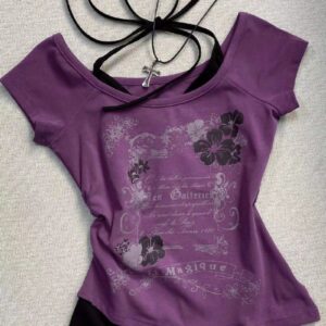 Maxct Retro Purple Halter Fake Two Piece Printed T-Shirt Women Y2K Streetwear Hot Girl Slim Fit Millennium Harajuku Fashion Casual Top