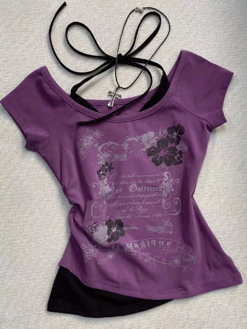Maxct Retro Purple Halter Fake Two Piece Printed T-Shirt Women Y2K Streetwear Hot Girl Slim Fit Millennium Harajuku Fashion Casual Top